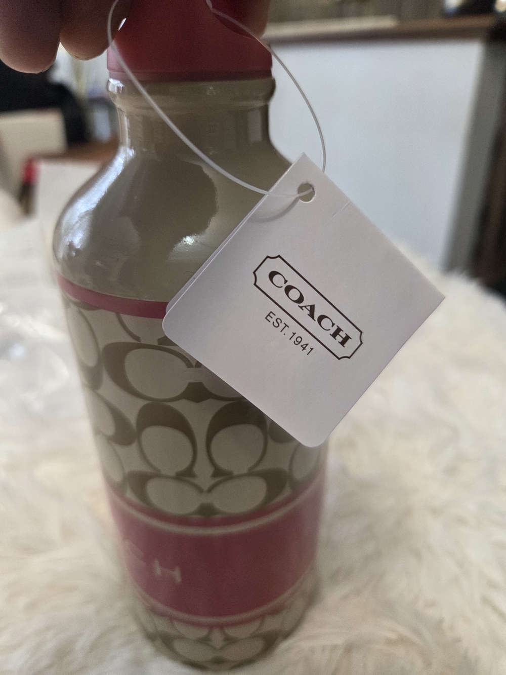 Coach Beige Signature Pattern Water Bottle with Pink Accents